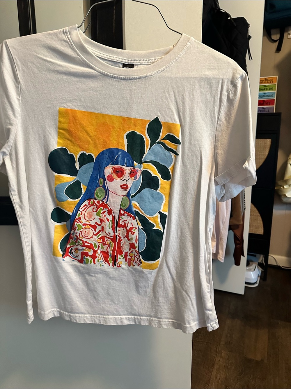 White Graphic Tee with Colorful Portrait Print